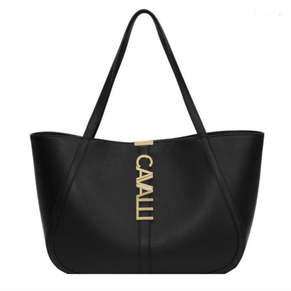 NWT Cavalli "Sandra" Black Onyx Shopper Tote Bag - Gold Logo Hardware